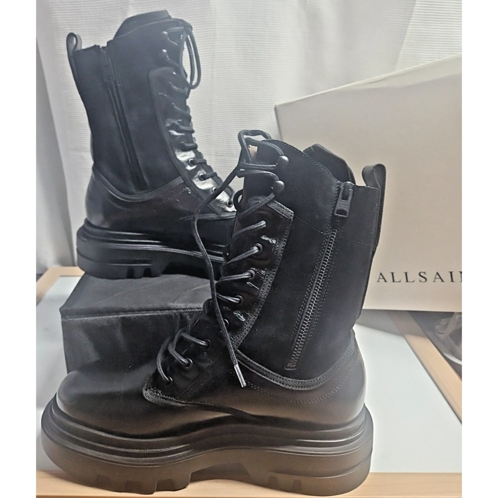 AllSaints Alexia Boot Black Shine lace up zipper leather combat boots woman 10